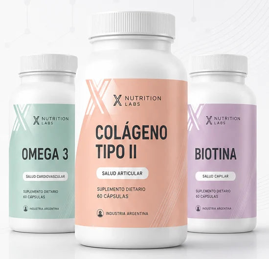 Frascos de XNutrition Labs: Omega 3, Colágeno Tipo II y Biotina